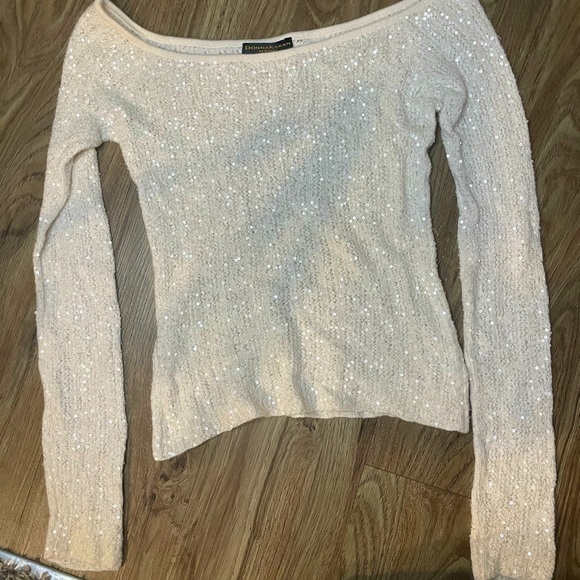 Donna Karan Tops - Donna Karan New York sparkling white long sleeve top Cashmere off the shoulder